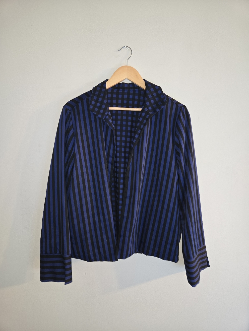 Hinson Wu Molly Reversible Jacket Blue Black Cotton Striped Plaid